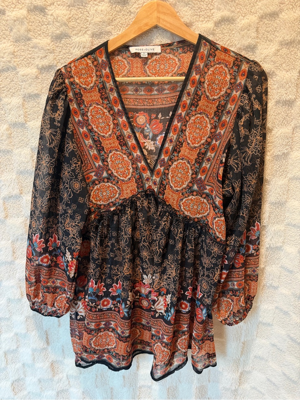 Rose & Olive Black & Rust V-Neck Boho Floral Peasant Blouse Small